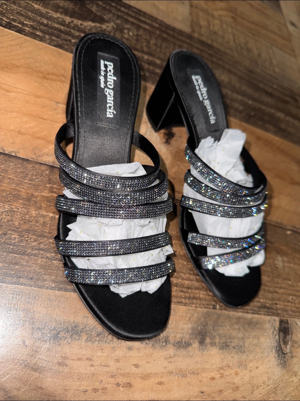 Pedro Garcia heels Crystal Embellished Sandals 7 in Black Satin